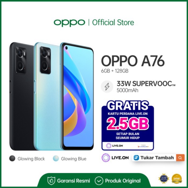 tektokanstore [Tukar Tambah Live.On] OPPO A76 4G 6GB/128GB Garansi Resmi - Biru