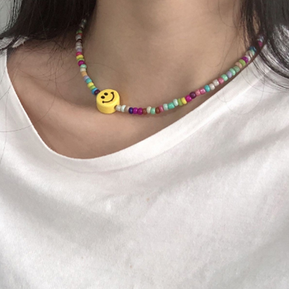 Needway  Korean Smile Face Necklace Fashion Smile Face Beads Colorful Beads Choker Cute Rainbow Color Creative Summer Gifts Irregular Rice Beads Necklace Jewelry