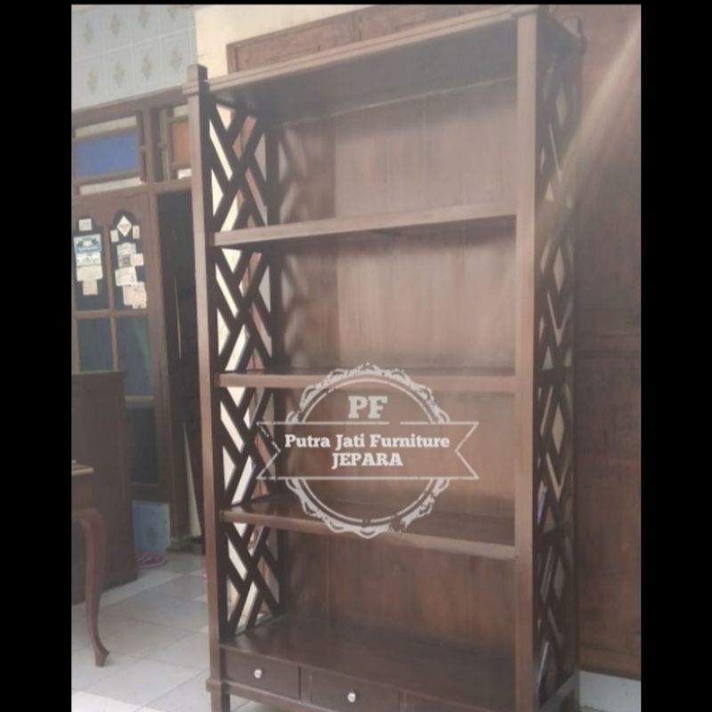 Rak lemari buku boneka hiasan ruang tamu full kayu jati