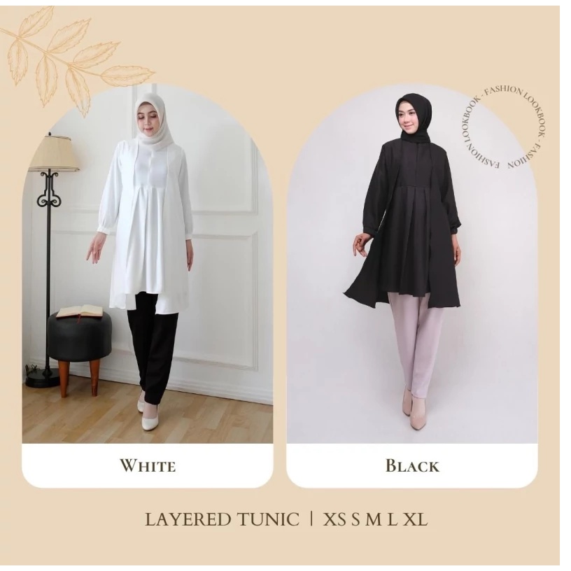 Tunik Layered atasan blus wanita kantor hangout monokrom hitam putih busui
