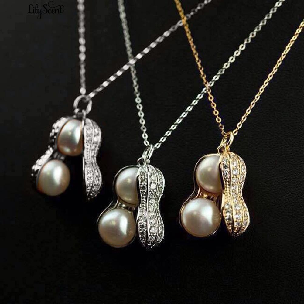 Kalung Rantai dengan Mutiara Bentuk Peanut Warna Gold  Silver Bahan Alloy Untuk Wanita