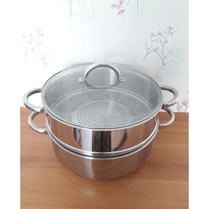 Panci Steamer 2 Susun Supra 40 Cm Stainless Tutup Kaca Anti Karat