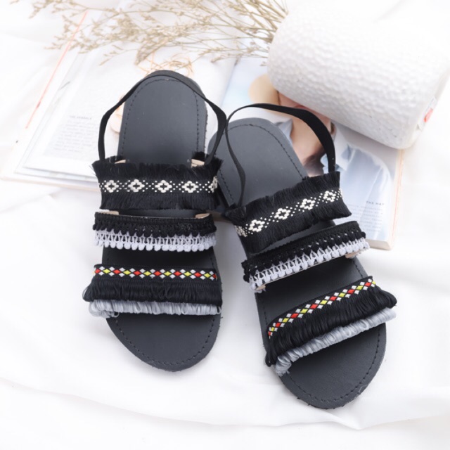 black grey - Strap black sandal boho / sandal etnik / sandal bohemian / sandal wanita-1