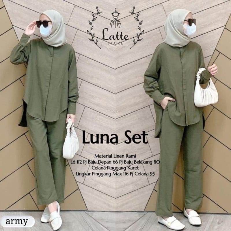 Luna One Set Kemeja Wanita/ Setelan Jumbo Ld112cm Katun Rami / Setelan Polos Terbaru 2022 / Baju Setelan Wanita Kekinian