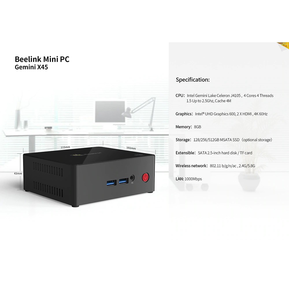 BEELINK GEMINI X45 - Intel GEMINI LAKE Celeron J4105 RAM 8GB ROM 512GB - Mini PC Ekonomis 8GB/512GB