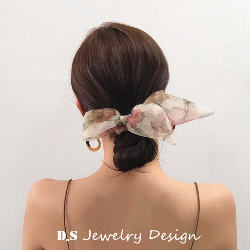 PITA RAMBUT MESH RIBBON MOTIF BUNGA HAIR TIE IKAT KARET RAMBUT FLOWER PATTERN RETRO ELEGAN KOREA AKSESORIS SCRUNCHIE