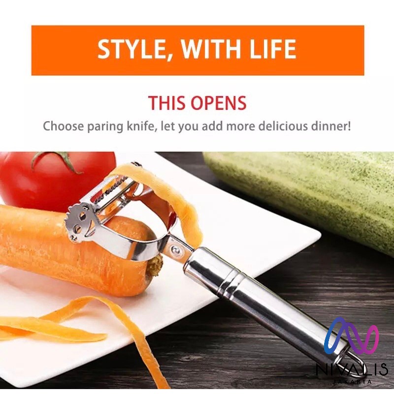 Alat Pengupas Pengiris Pisau Parutan Kupas Slicer Kulit Buah Sayur Anti Karat 2 In 1 Multi Fungsi Knife Peeler Wortel Timun Kentang Apel Bawang Stainless Steel AD27