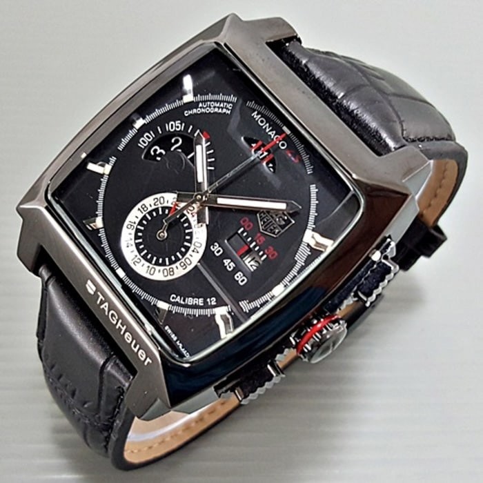 Jam Tangan Pria / Cowok Tagheuer Monaco Ls12 Leather Full Black