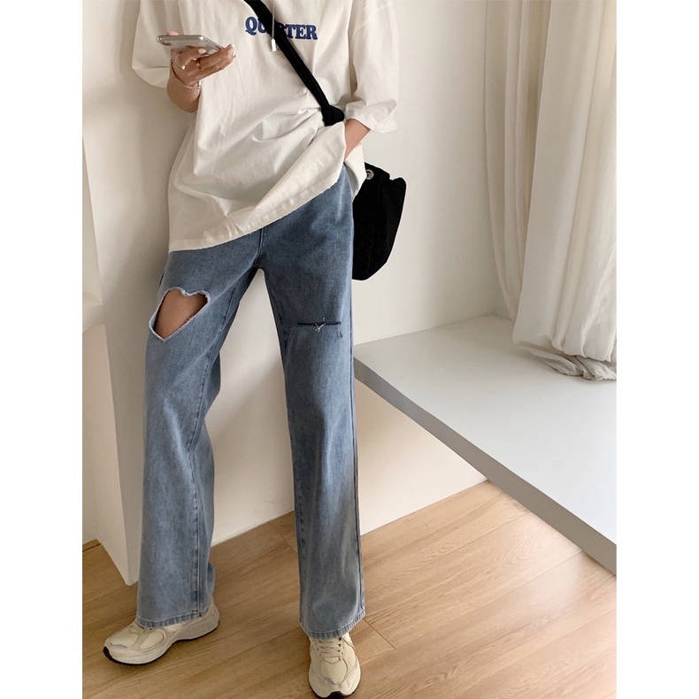 Ripped Jeans wanita loose celana korea style retro straight pants high waist