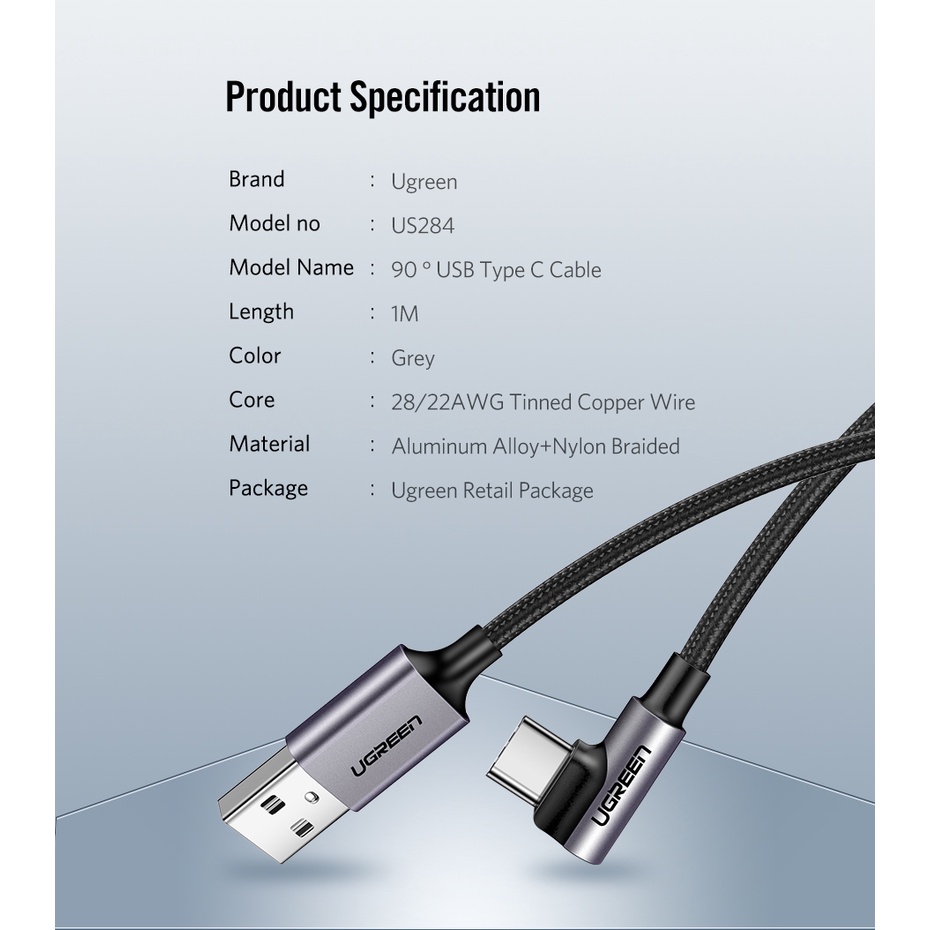 【Stok Produk di Indonesia】Ugreen Kabel Data / Charger USB Tipe C 90 Derajat Bahan Nilon Untuk Xiaomi Mi 8 / Samsung Galaxy S9 Plus