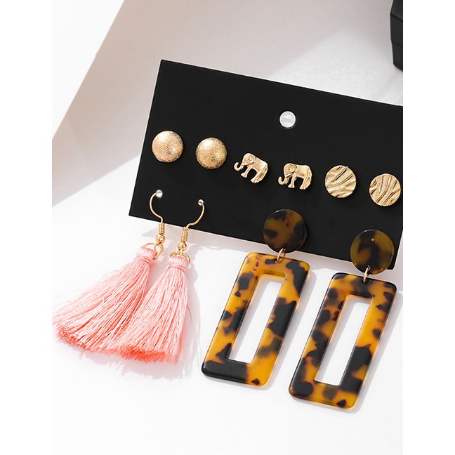 LRC Anting Set Fashion Gold Baby Elephant Acrylic Leopard Acetate Tassel Earrings Set F76194