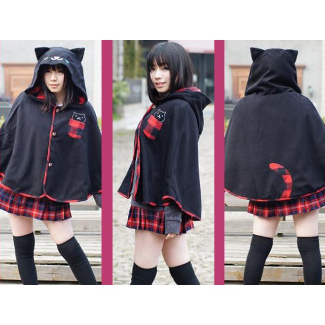 Nekoatsume Cape Hoodie Lucu Cewek Kucing Neko Kawaii