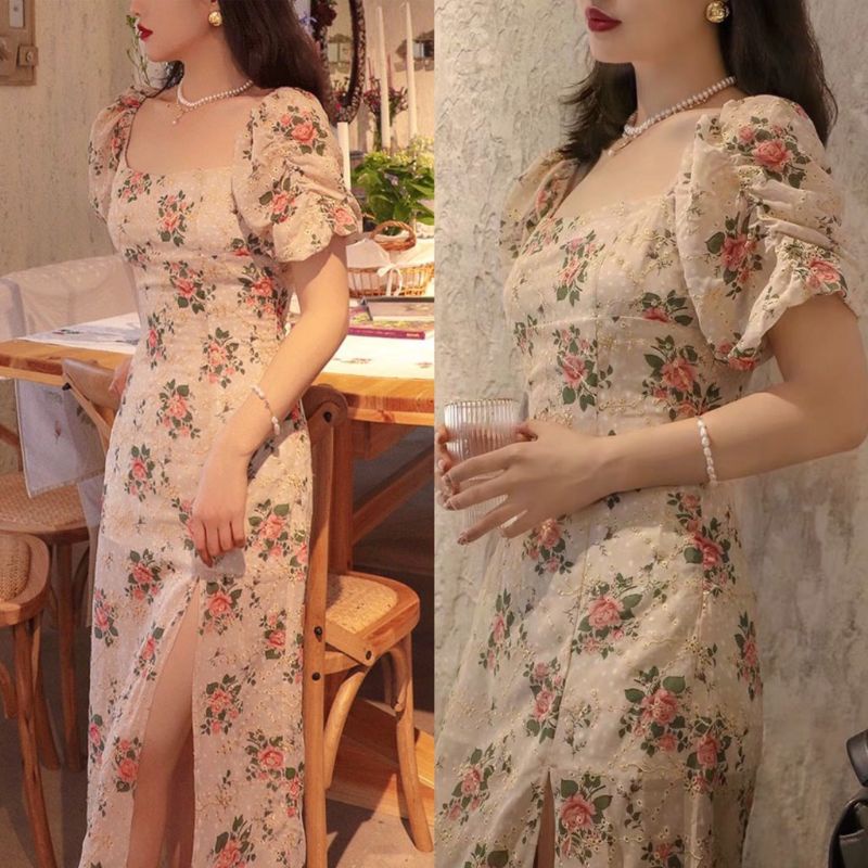 VN SUMMER DRESS / DRESS PANTAI /  KOREAN DRESS BEACH SQUARE NECK EMBROIDERY SLIT FLORAL DRESS