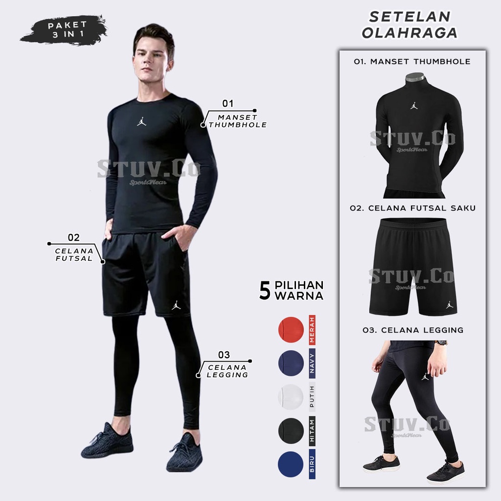 PAKET 3IN1 STELAN MANSET BASELAYER THUMBHOLE LEGGING PANJANG DAN CELANA SAKU DRIFIT OLAHRAGA UNISEX MURAH