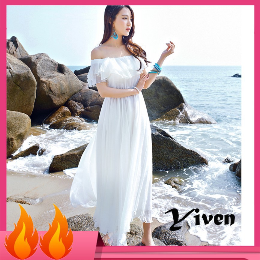 Long Dress Wanita Model Off Shoulder Warna Putih Bahan Long Dress Wanita Model Off Shoulder Warna Putih Bahan