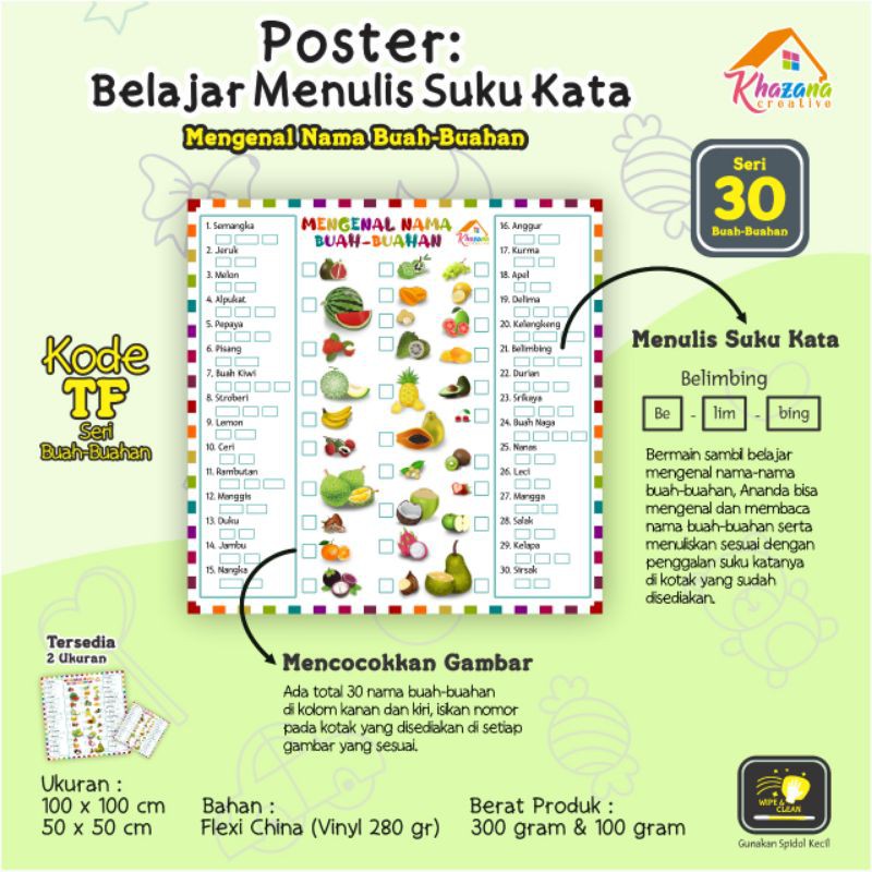 Poster Vinyl Belajar Menulis Suku Kata/Buah-Buahan/Poster Edukasi/Mainan Edukasi/Mainan Anti Gadget