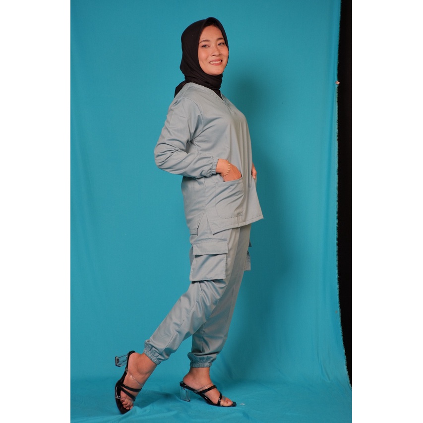 Baju Ok Oka Jogger Cargo | Baju Jaga Dokter Scrub Medis Perawat Lengan Panjang Karet | Bahan Toyobo