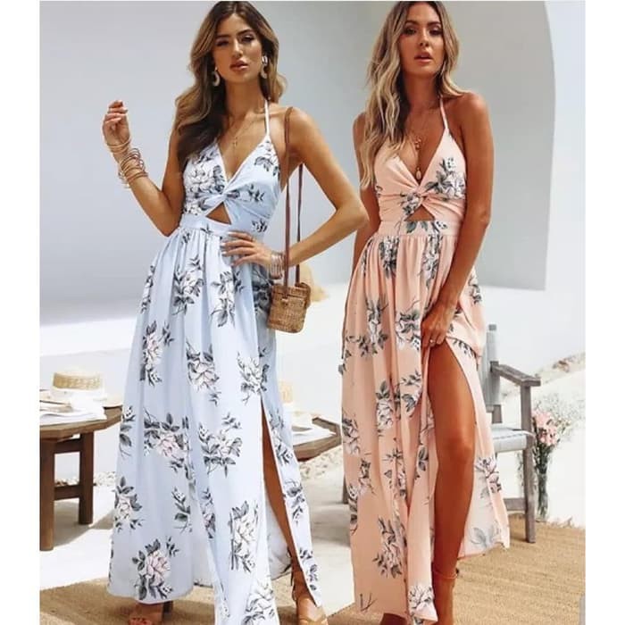Long Dress Maxi Wanita Motif Print Bunga Beachwear Dress Pantai Import