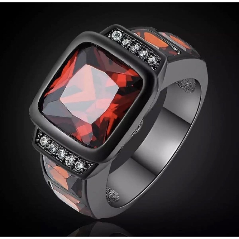 Cincin Ruby Stone Mewah Elegan Minimalis Modern Black Platted Batu Rubi Merah