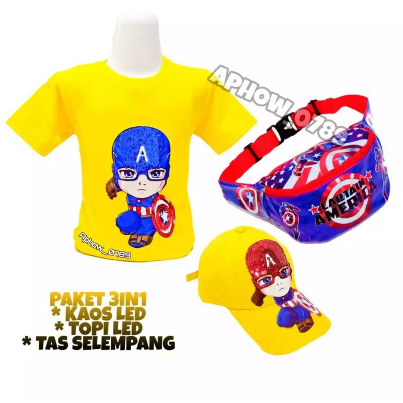 Kaos anak Led Karakter Kapten America 3in1 - kaos + waistbag + topi led