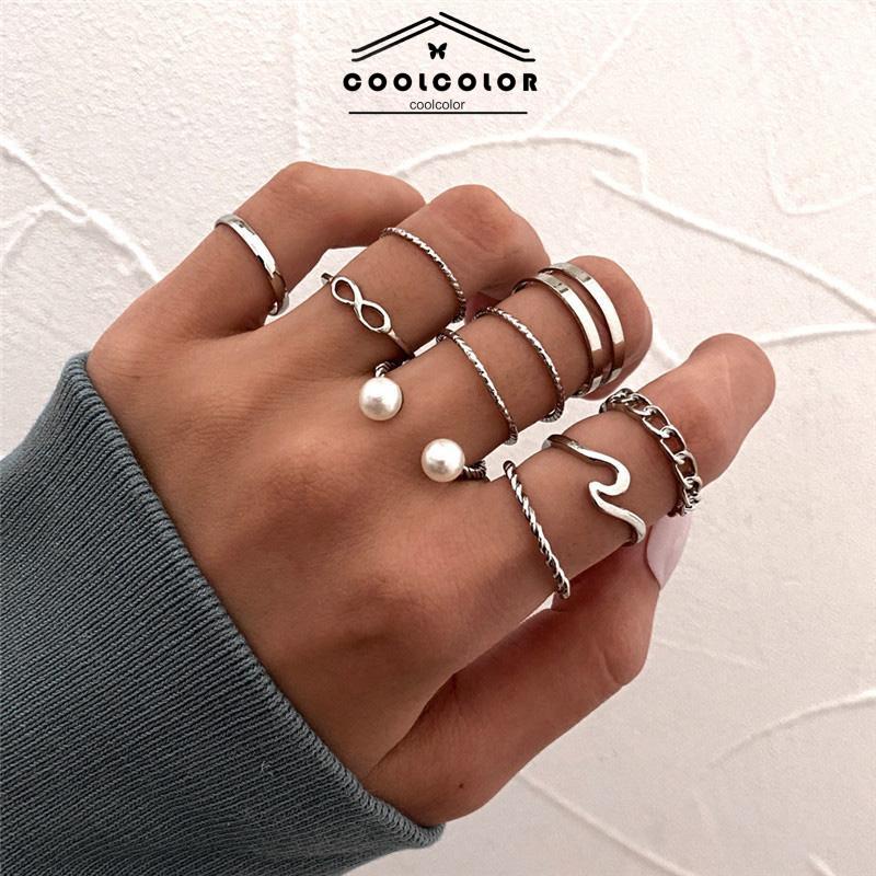 COD⭐10 Buah Set Wanita Kreatif Sederhana Manik-manik Ganda Cincin Gabungan Geometri Gelombang Mutiara- cl