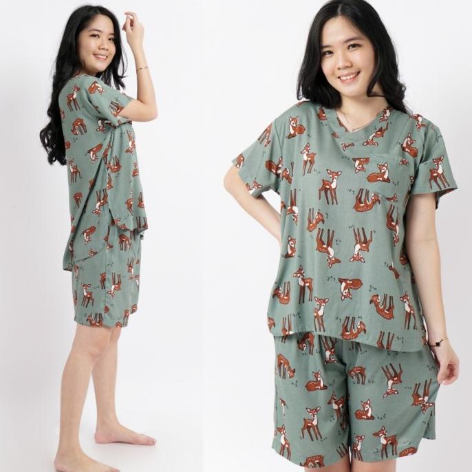 Piyama Baju Tidur Wanita Setelan Kaos Celana Pendek Rayon Busui Jumbo