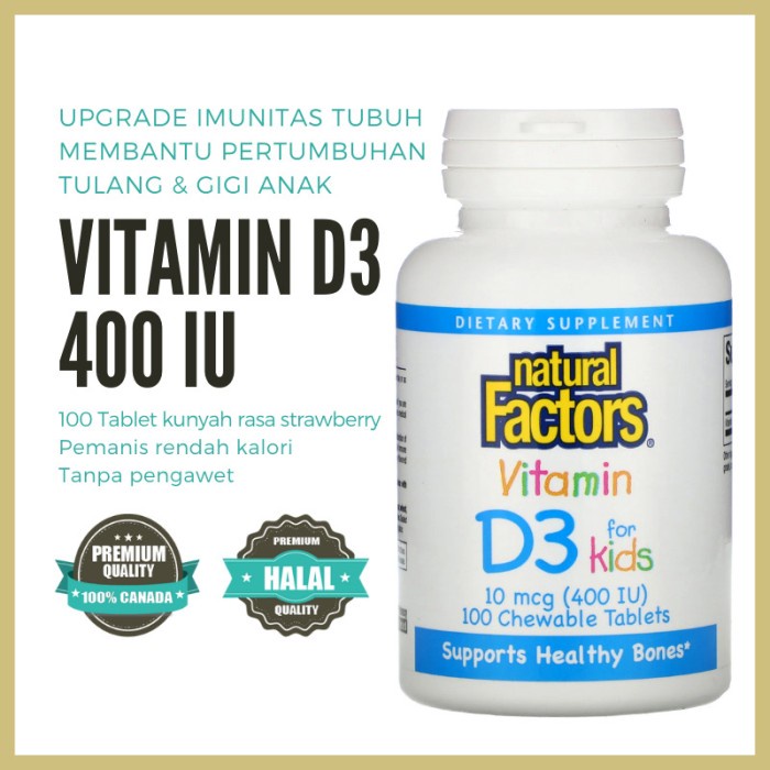 Natural Factors Vitamin D3 Anak 400Iu 100 Tablet Kunyah Halal Vit Anak -