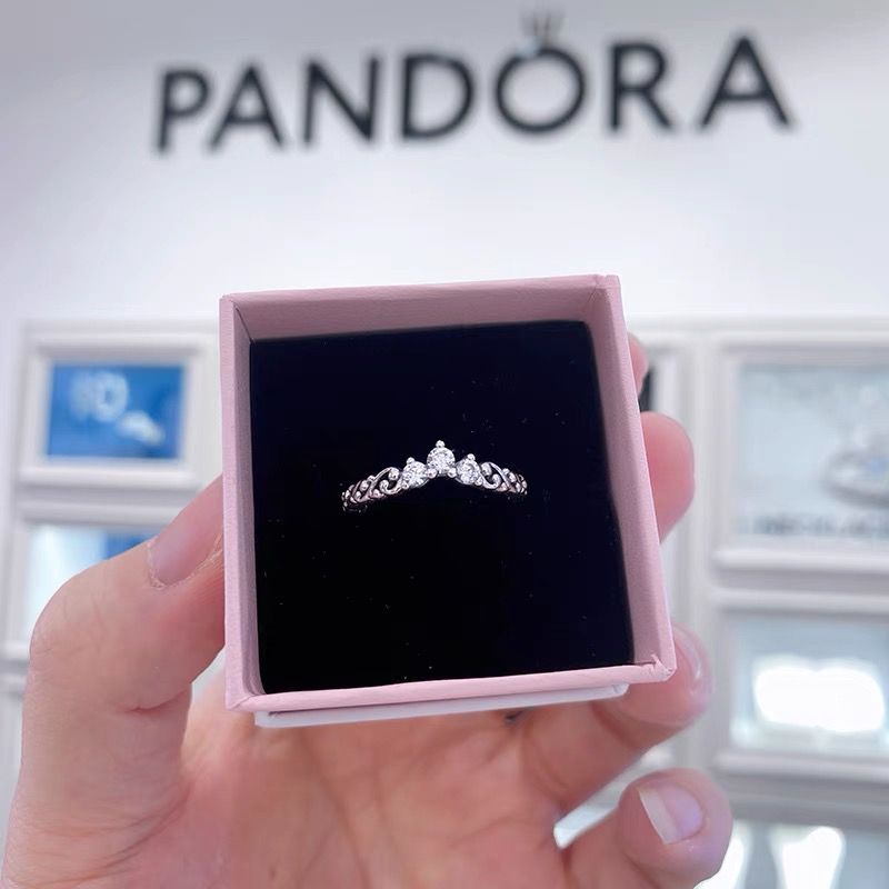 Pandora Cincin Sterling Silver 925 Desain Mahkota Hias Kristal Kubik Zirconia Mewah Berkilau Untuk Wanita