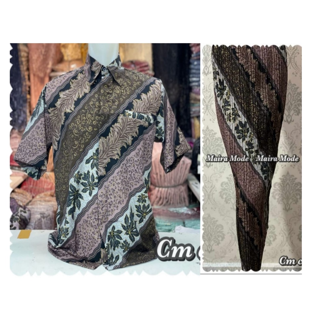 Couple batik kemeja dan rok plisket / set rok plisket dan kemeja batik / motif cm coklat