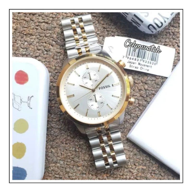 jam tangan pria fossil FS4785 stainless steel two tone silver gold original