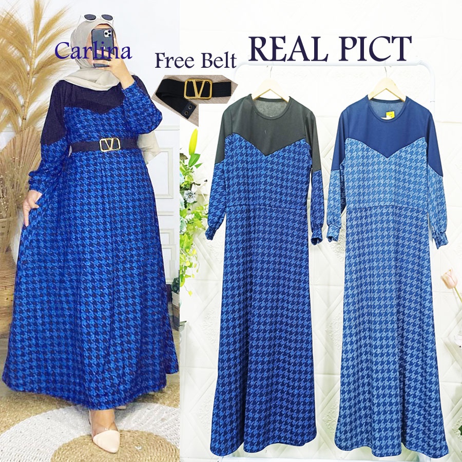 ANITA HOUNDSTOOTH BIRU DRESS DAPAT BELT GESPER CARLINA