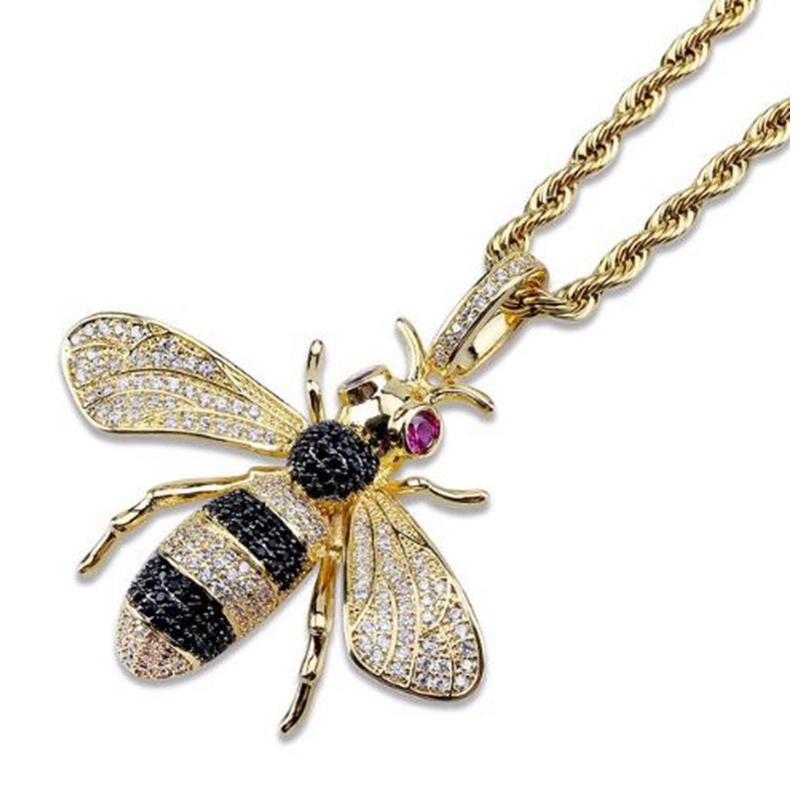 Kalung Liontin Lebah Aksen Zircon Gaya Hip-Hop Eropa Amerika Untuk Unisex