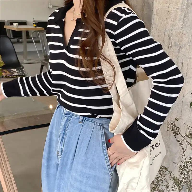 YIU YIU Rajut - Polo Shirt Rajut Premium Stripe Crop Top Lengan Panjang Wanita Korea