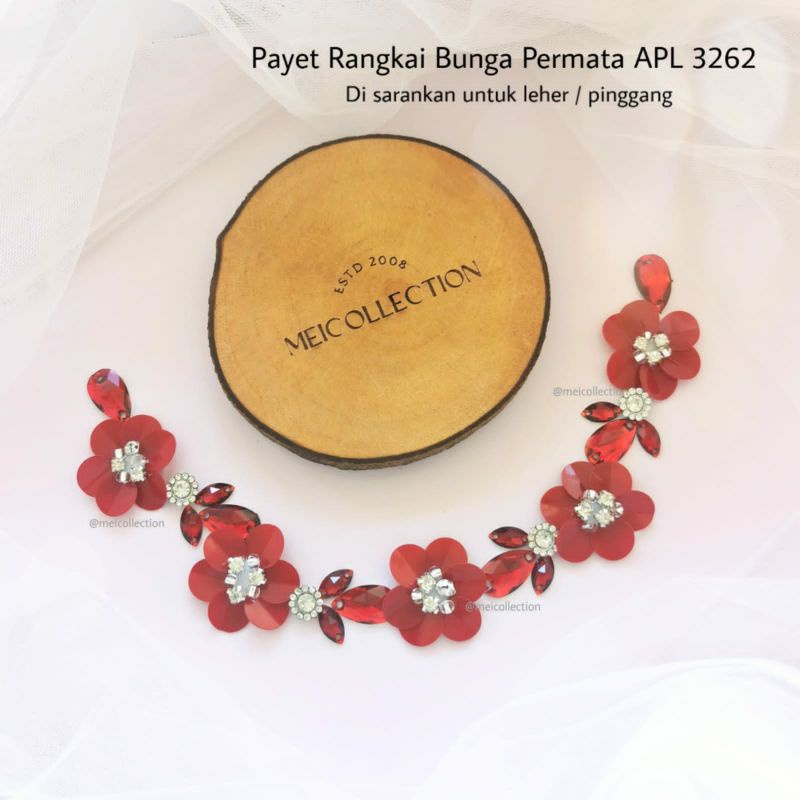 Payet rangkai mutiara leher bunga 3D Permata diamond APL 3262 warna red dress pesta aplikasi Payet r