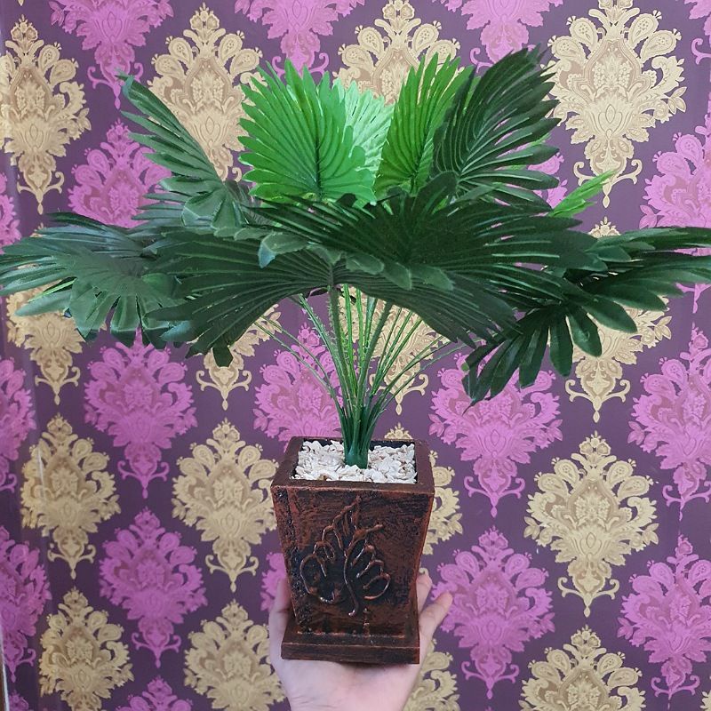 Pohon Palm Kipas / Bunga Palm Hias Artificial / bunga plastik-Palm + Pot Cklt Kayu