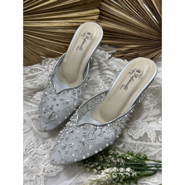 sepatu wedding wanita yasmika silver tinggi 7cm kaca