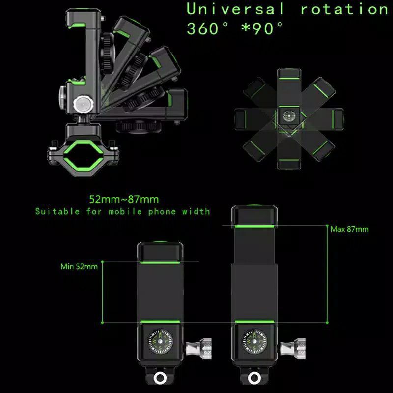 HOLDER DUDUKAN HANDPHONE SEPEDA ALUMINIUM PLUS KOMPAS HOLDER HP PREMIUM 360 DERAJAT ANTI JATUH