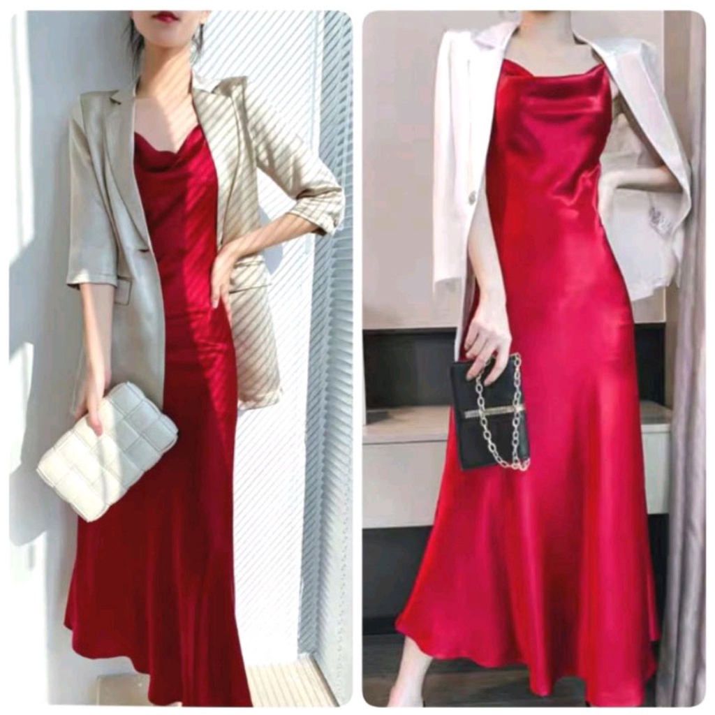 Long Dress Satin Wanita tali kecil korean outfit 903