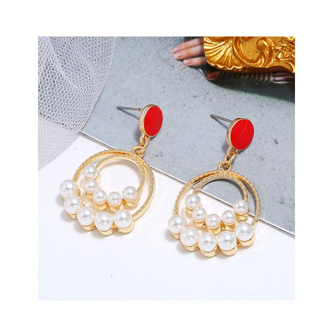 LRC Anting Tusuk Fashion Drip Oil Stud Earrings With Pearl Alloy Geometry A60519