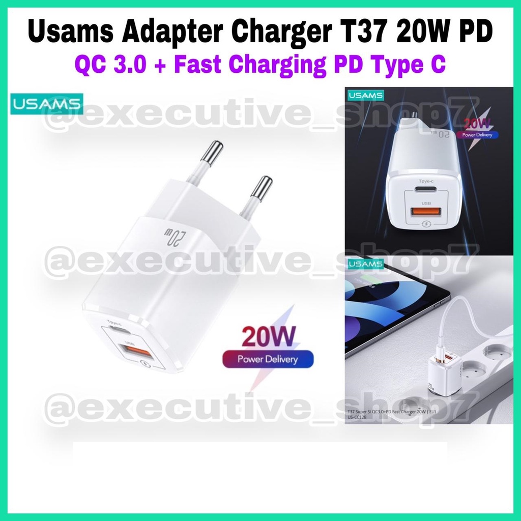 Usams Adapter Charger T37 20W PD Fast Charging - Type-C