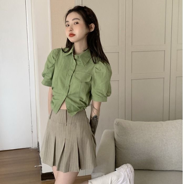 blus korea kemeja lengan engah putih kemeja perancis wanita lengan pendek cropped chic top