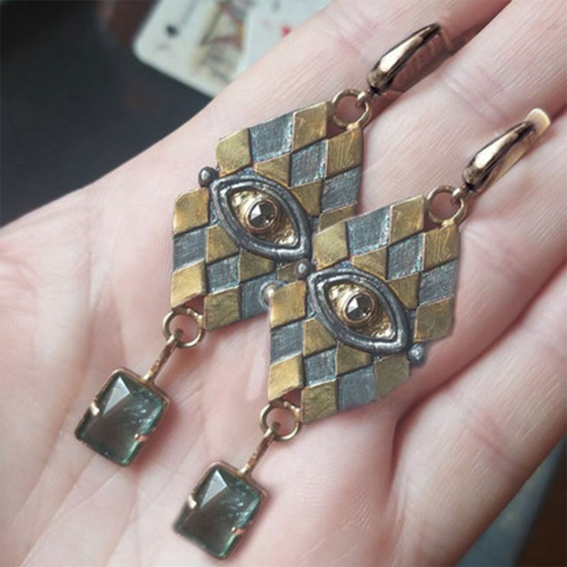 Anting Menjuntai Bahan Logam Bentuk Belah Ketupat Geometris Gaya Vintage Untuk Hadiah