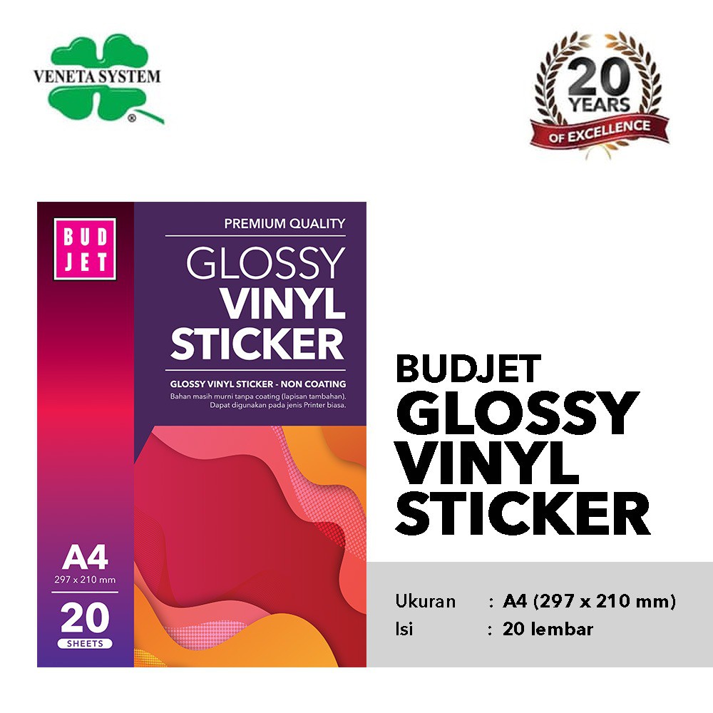 Kertas Vinyl Sticker A4 - Budjet Glossy Vinyl Sticker isi 20 Sheet NON COATING (Lapisan Tambahan)