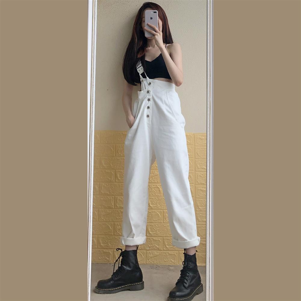 Ukuran besar denim putih single overall wanita fashion baru desain kaki lebar celana rasa pinggang t