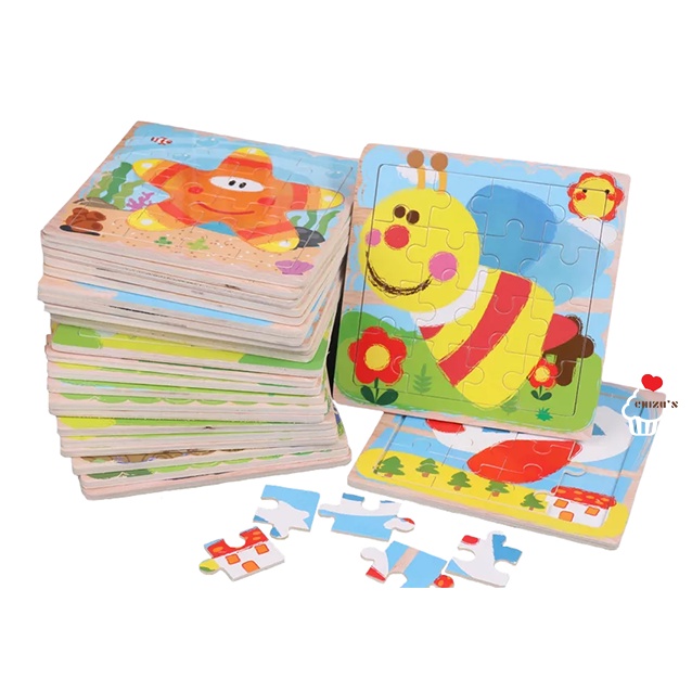 16 Pcs Wooden Jigsaw Puzzle | Puzzle Kayu Background 16 Keping | Puzzel 16pcs Hewan Binatang Kendaraan Transportasi Kartun Lucu | Mainan Edukatif Edukasi Anak Balita