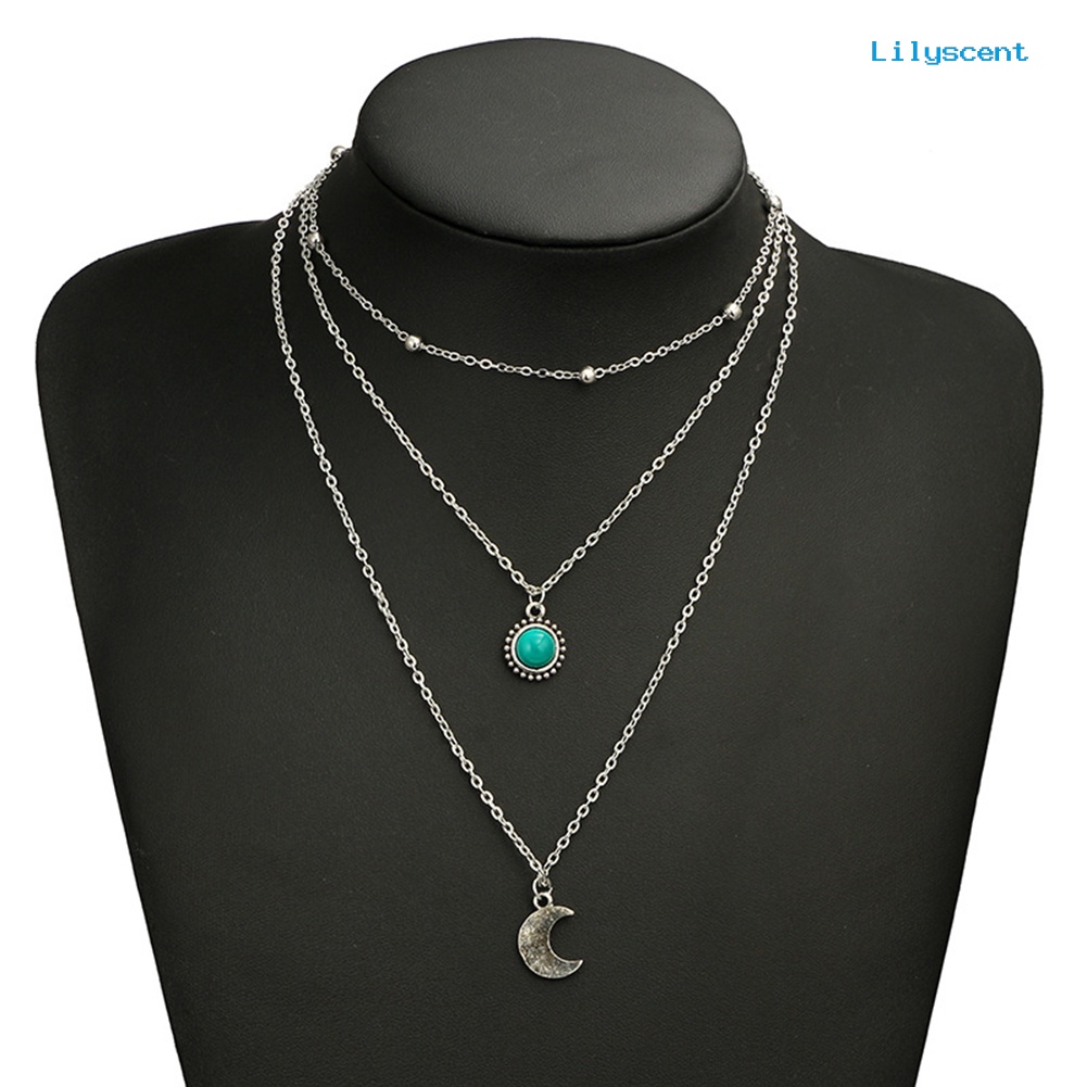 Kalung Rantai Multilayer Dengan Liontin Bulan Sabit Aksen Turquoise Imitasi Untuk Wanita