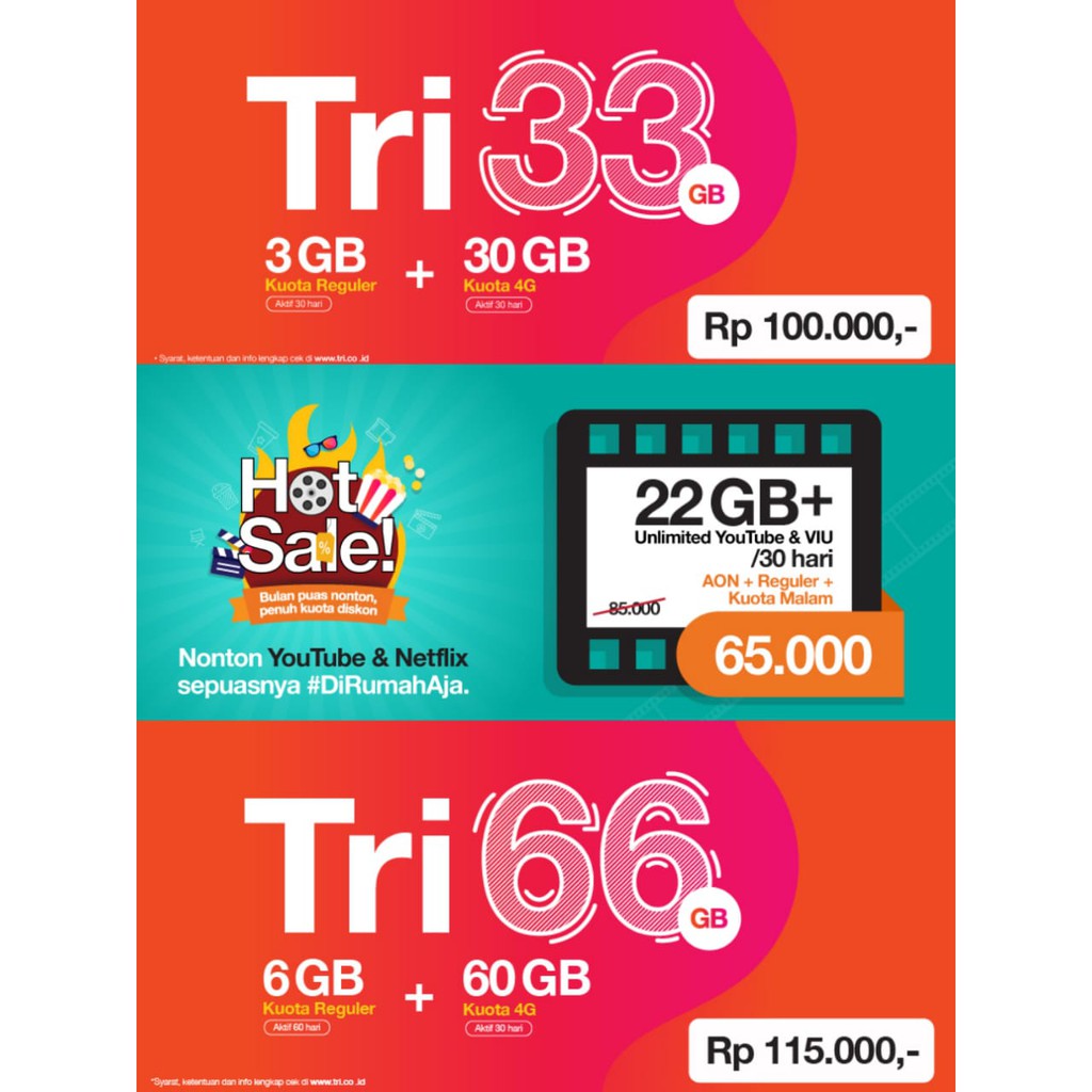 Aktivasi Voucher Tri Kuota Lte 33gb 66gb 22gb Unlimited Youtube 150gb 117gb 100gb Shopee Indonesia