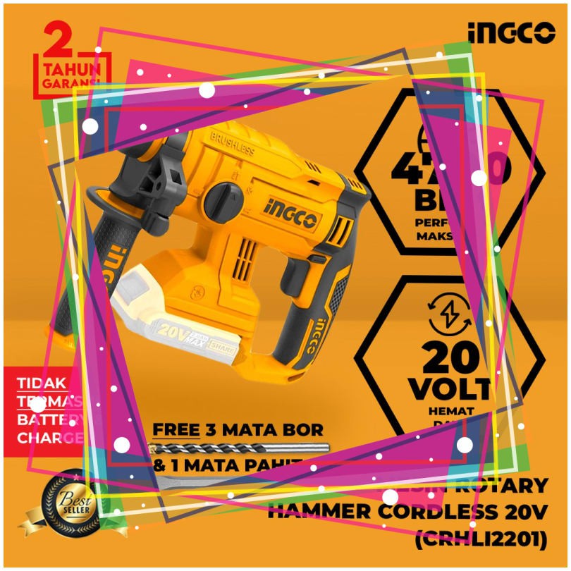 MESIN BOR ROTARY HAMMER CORDLESS 20V (BRUSHLESS) BOR BOBOK BETON ALAT BOR TEMBOK INGCO CRHLI2201