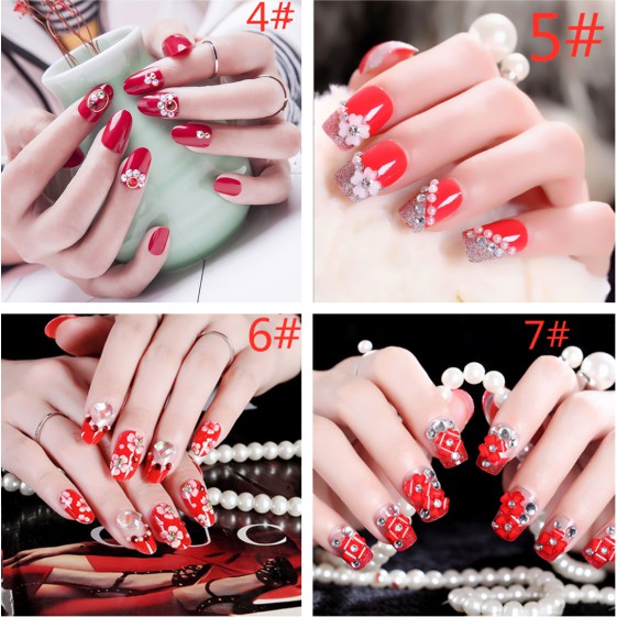 【COD】FLID 24Pcs Kuku Palsu French Nail Art Akrilik Kristal Berlian Imitasi Warna Merah