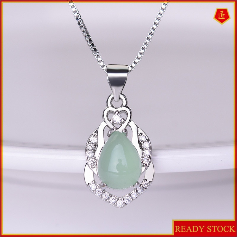 [Ready Stock]Fashion Inlaid Water Drop Pear-Shaped Emerald Pendant Plated S925 Silver Necklace